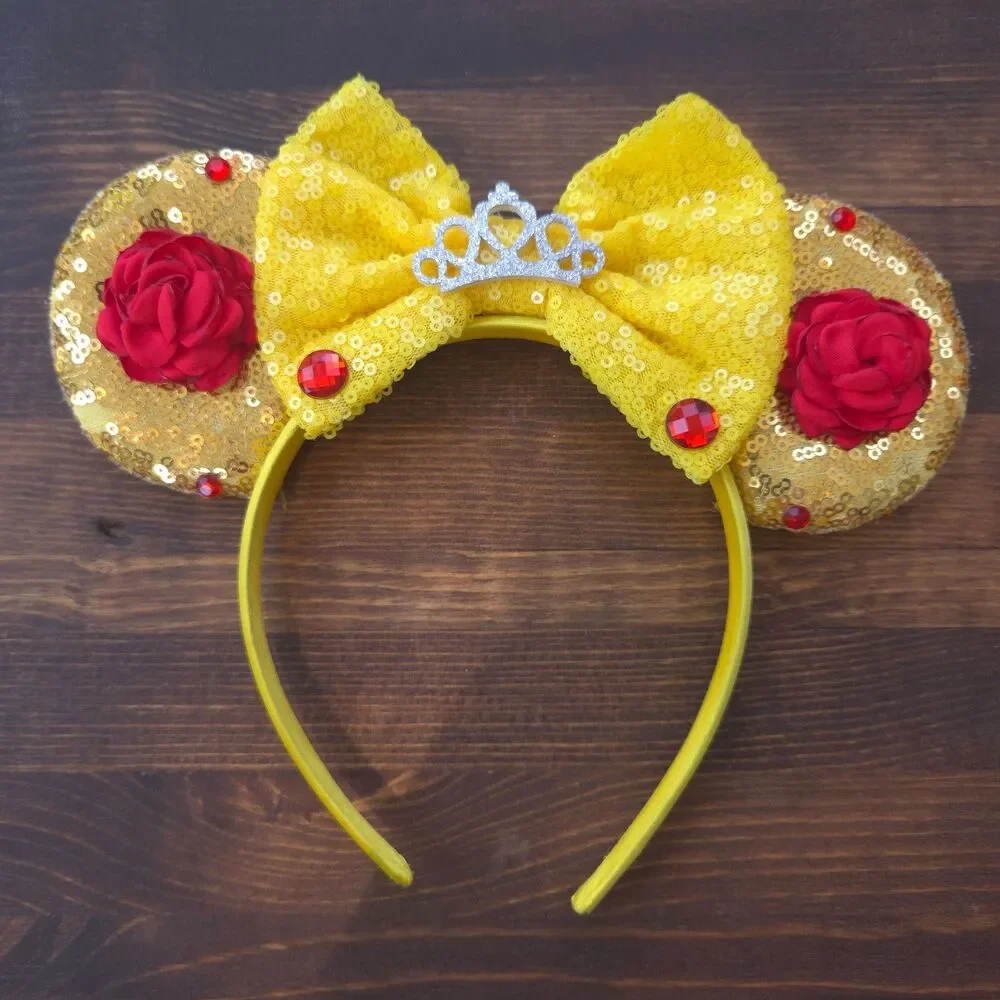 Disney Inspired Belle Minnie Mouse Ears Gold Sequin Princess Headband